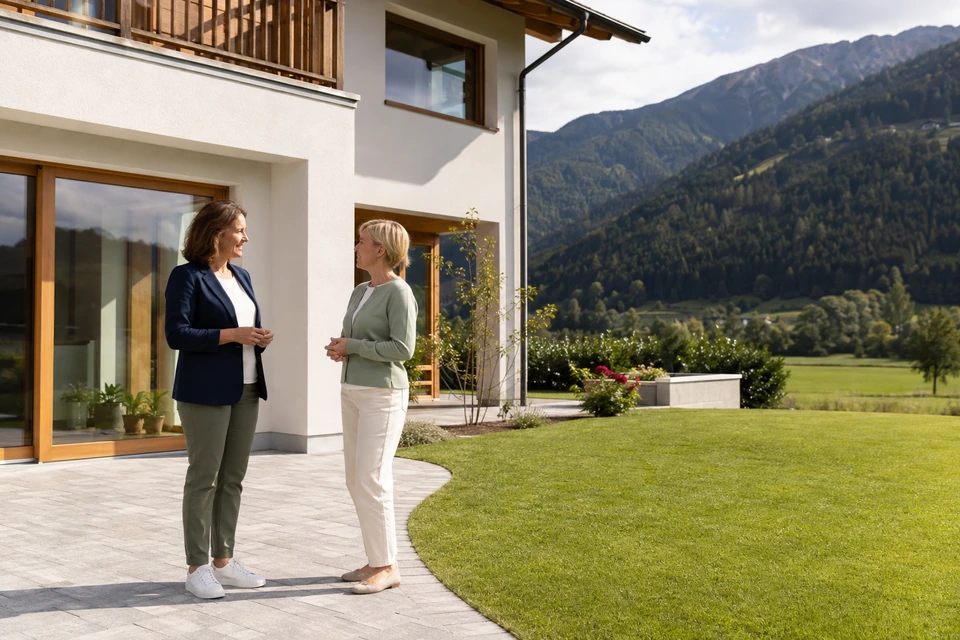 Symbolisches Gespräch zweier Frauen vor einem Tiroler Wohnhaus
